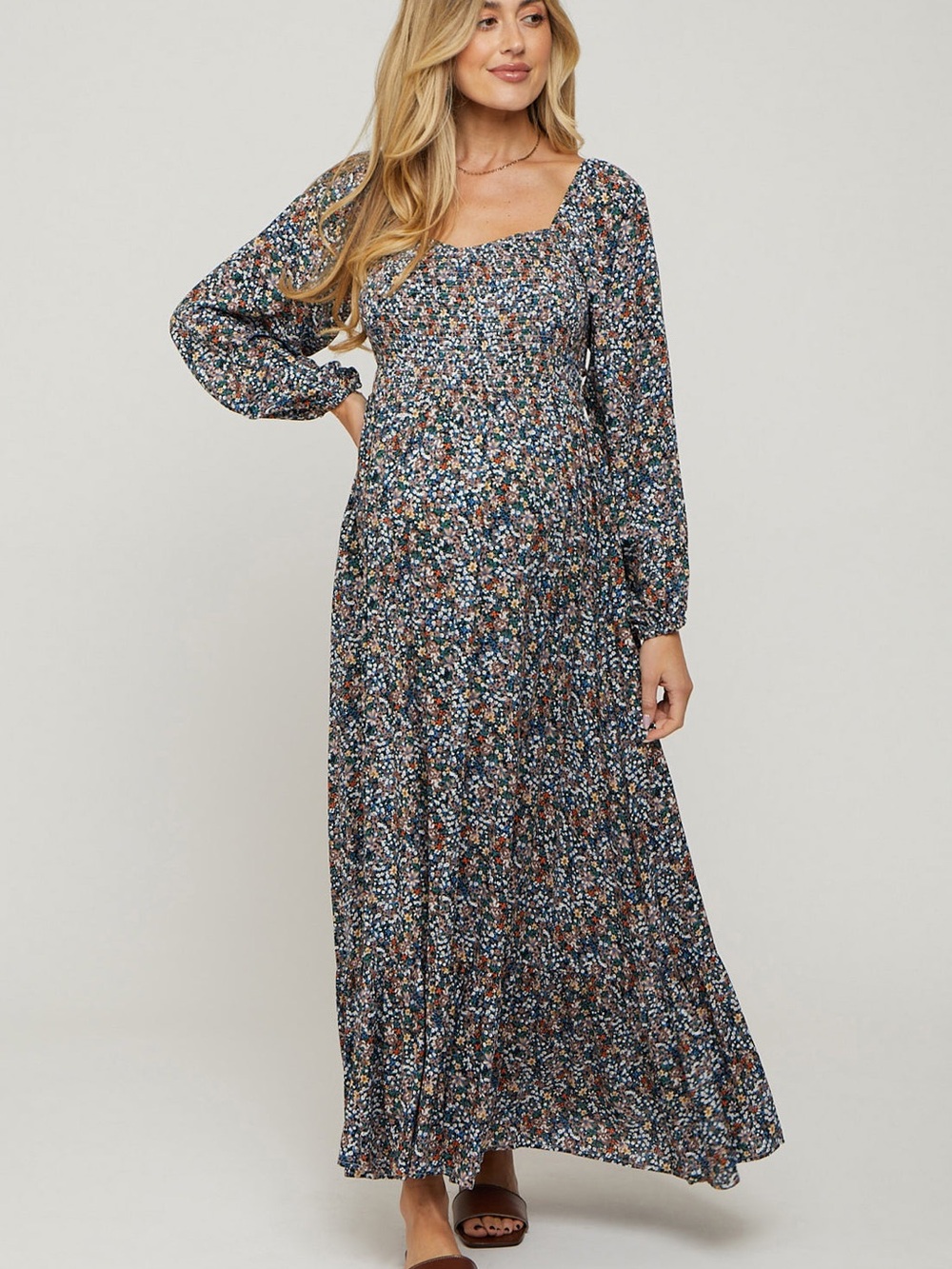 Navy Floral smocked Long Sleeve Maternity Maxi Dress